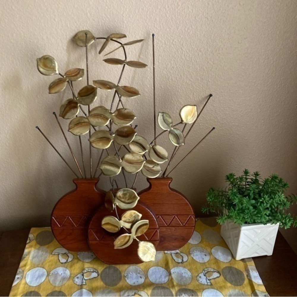Vintage wood and brassy potted eucalyptus sculpture
